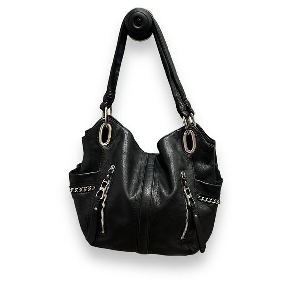 B. Makowsky Leather Hobo Black Alice Satchel with Metal Chains - Picture 1 of 6